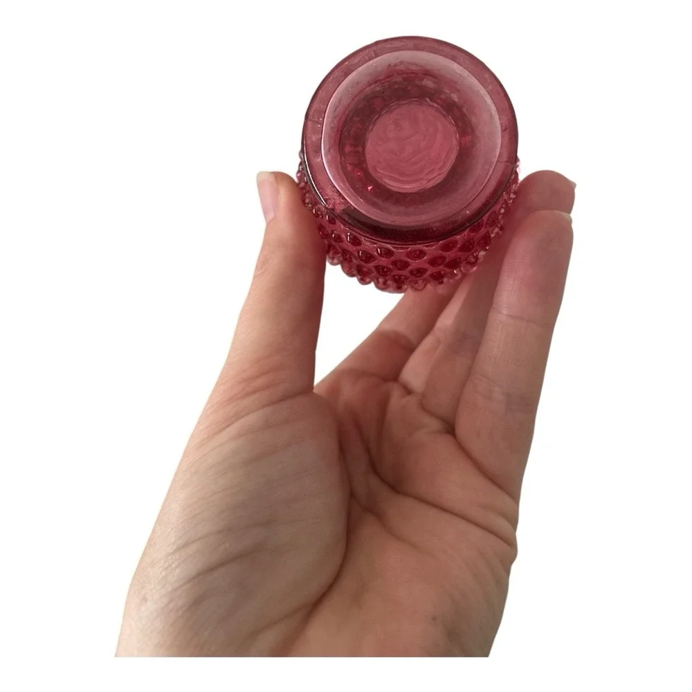 Vintage Fenton Cranberry Opalescent Hobnail Ruffled Mini Bud Vase pair 4